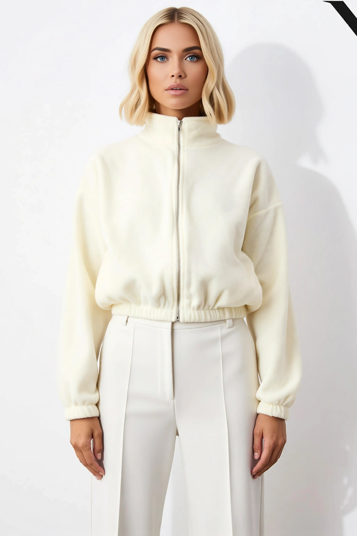 Kadın Dik Yaka Düşük Kol Fermuarlı Crop Polar Sweatshirt Fonksiyonel Dayanıklı Kaliteli Şık