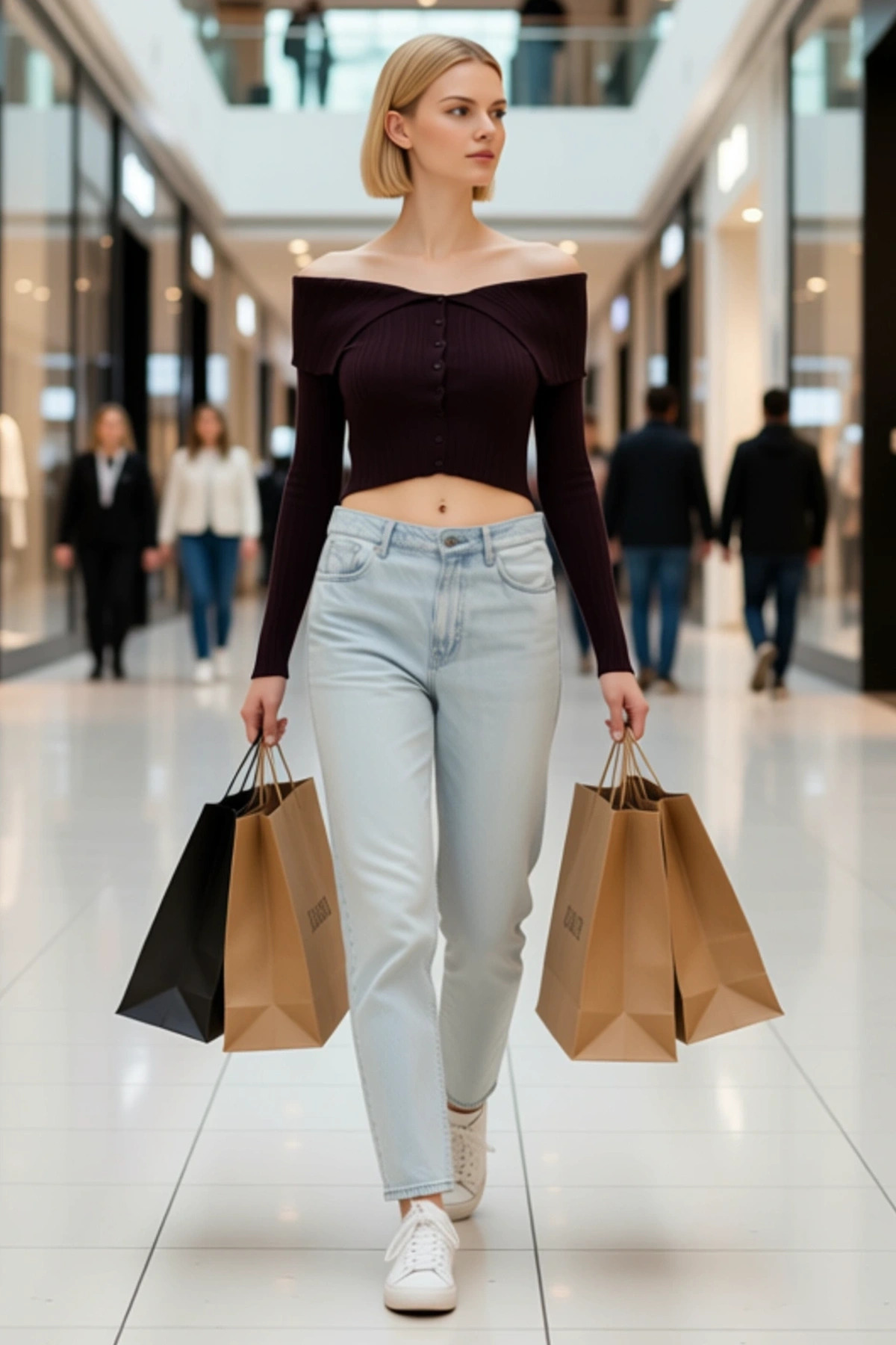 Kadın Crop Fitilli Triko Hırka Carmen Yaka Detaylı Vücudu Saran Uzun Kollu Şık Tasarım Spor