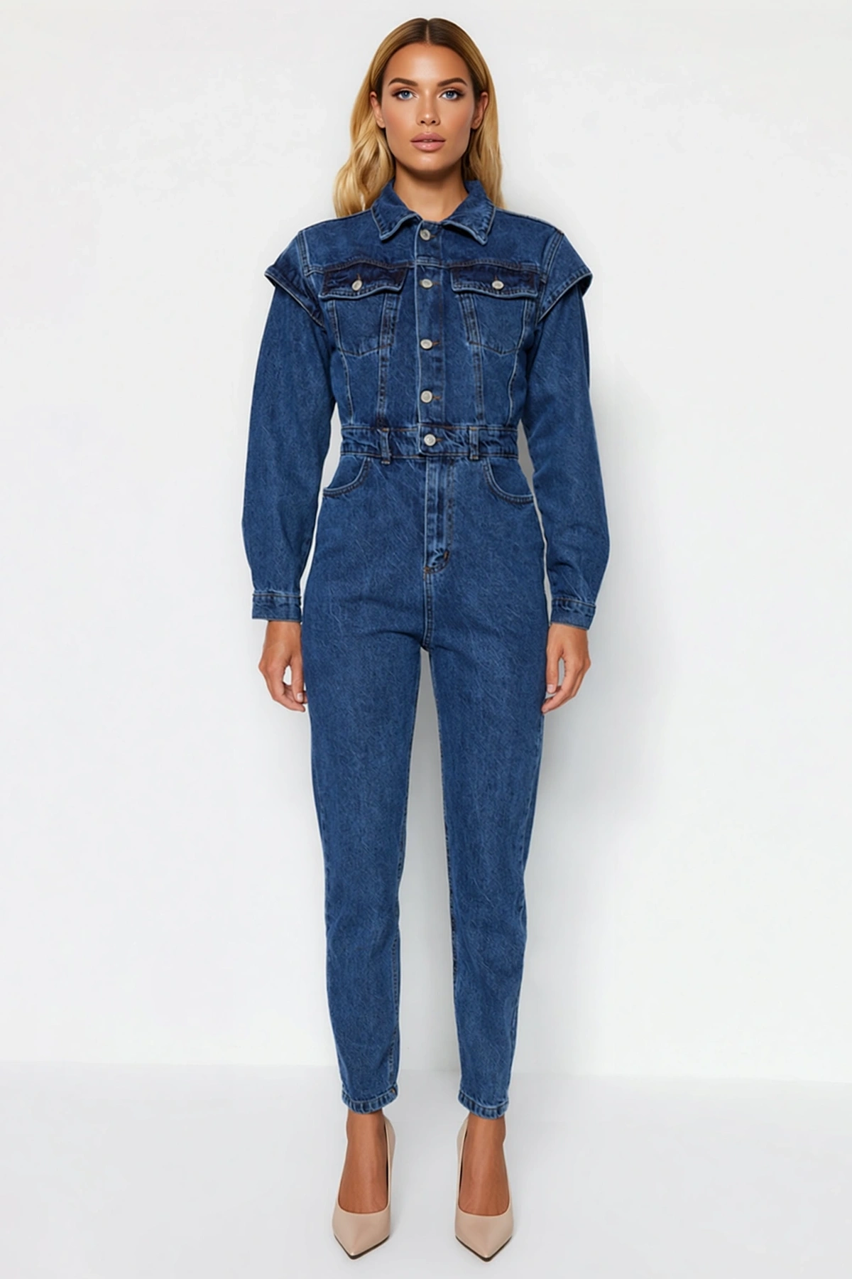 Kadın Ceket Yaka Uzun Kol Düz Desen Regular Kalıp 100 Denim Tulum Dikiş Detaylı Spor %100 Pamuk