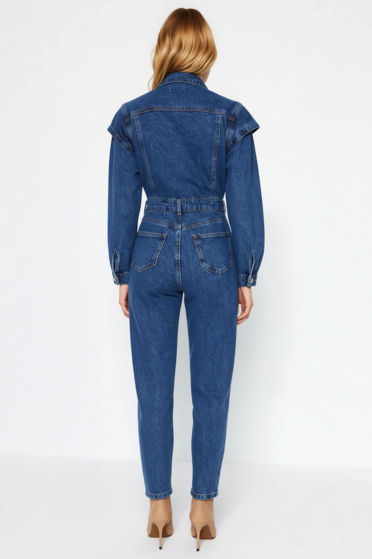Kadın Ceket Yaka Uzun Kol Düz Desen Regular Kalıp 100 Denim Tulum Dikiş Detaylı Spor %100 Pamuk