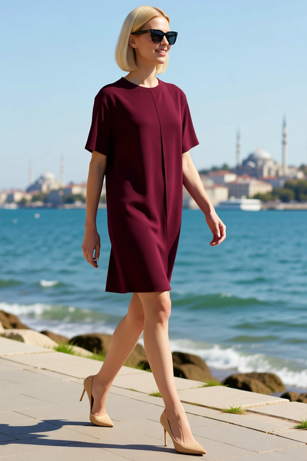 Kadın Mini Shift Kesim Kısa Kollu Bisiklet Yaka Viskon Süprem Örme Elbise L Beden Günlük Rahat Şık