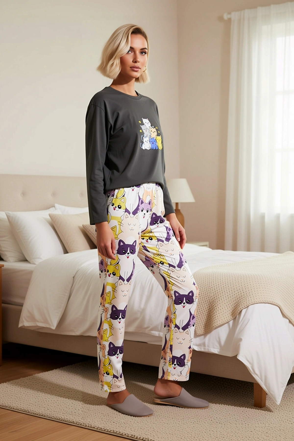 Kadın Bisiklet Yaka Uzun Kol Regular Kalıp Pijama Takımı Fonksiyonel Dayanıklı Şık %100 Pamuk