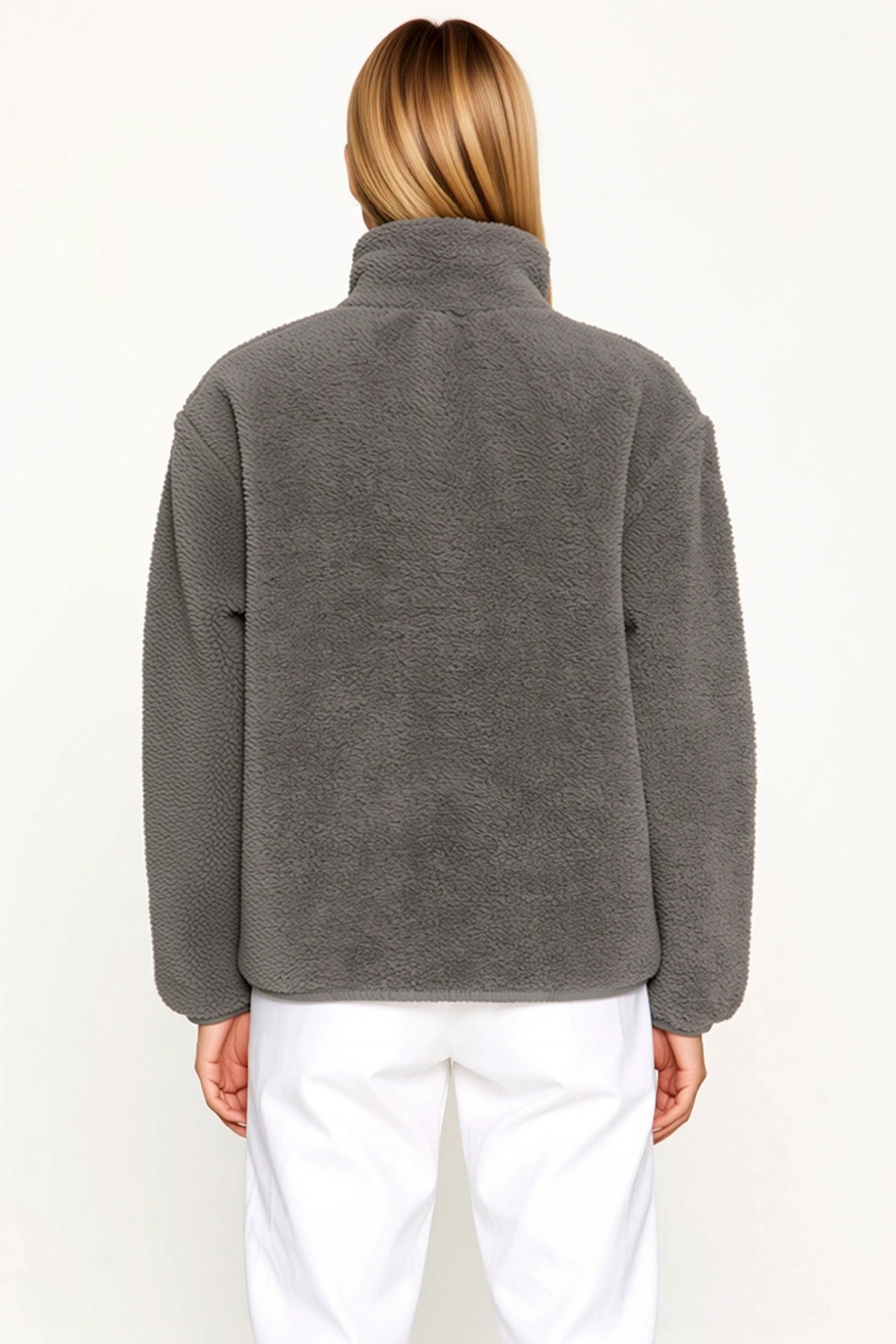 Kadın Dik Yaka Düşük Kol Tam Fermuarlı Peluş Sweatshirt Fonksiyonel Dayanıklı Kaliteli Şık