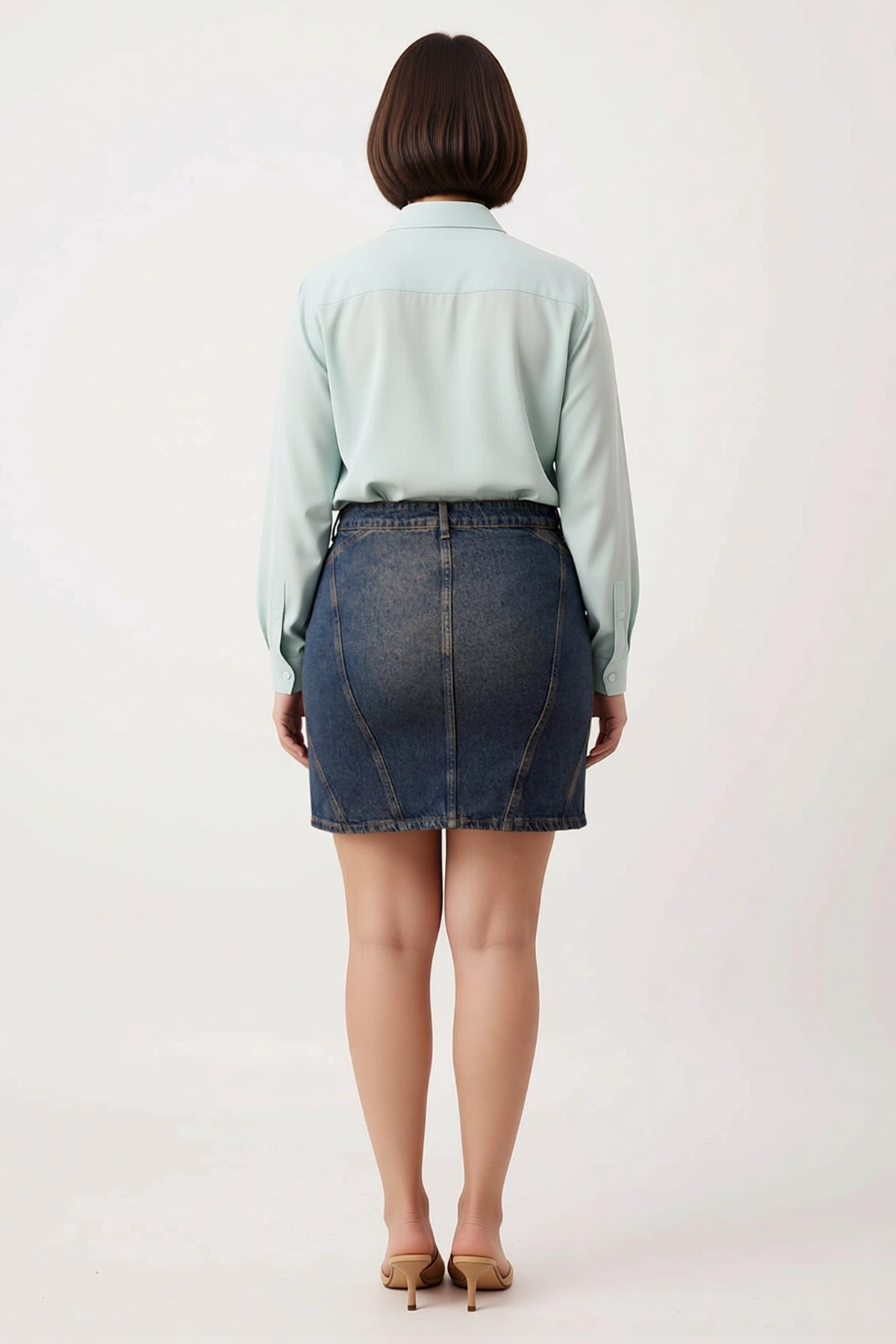 Kadın Büyük Beden Mini Denim Etek Dikiş Detaylı Kalem Kesim %100 Pamuk Günlük Rahat Modern Şık Zarif