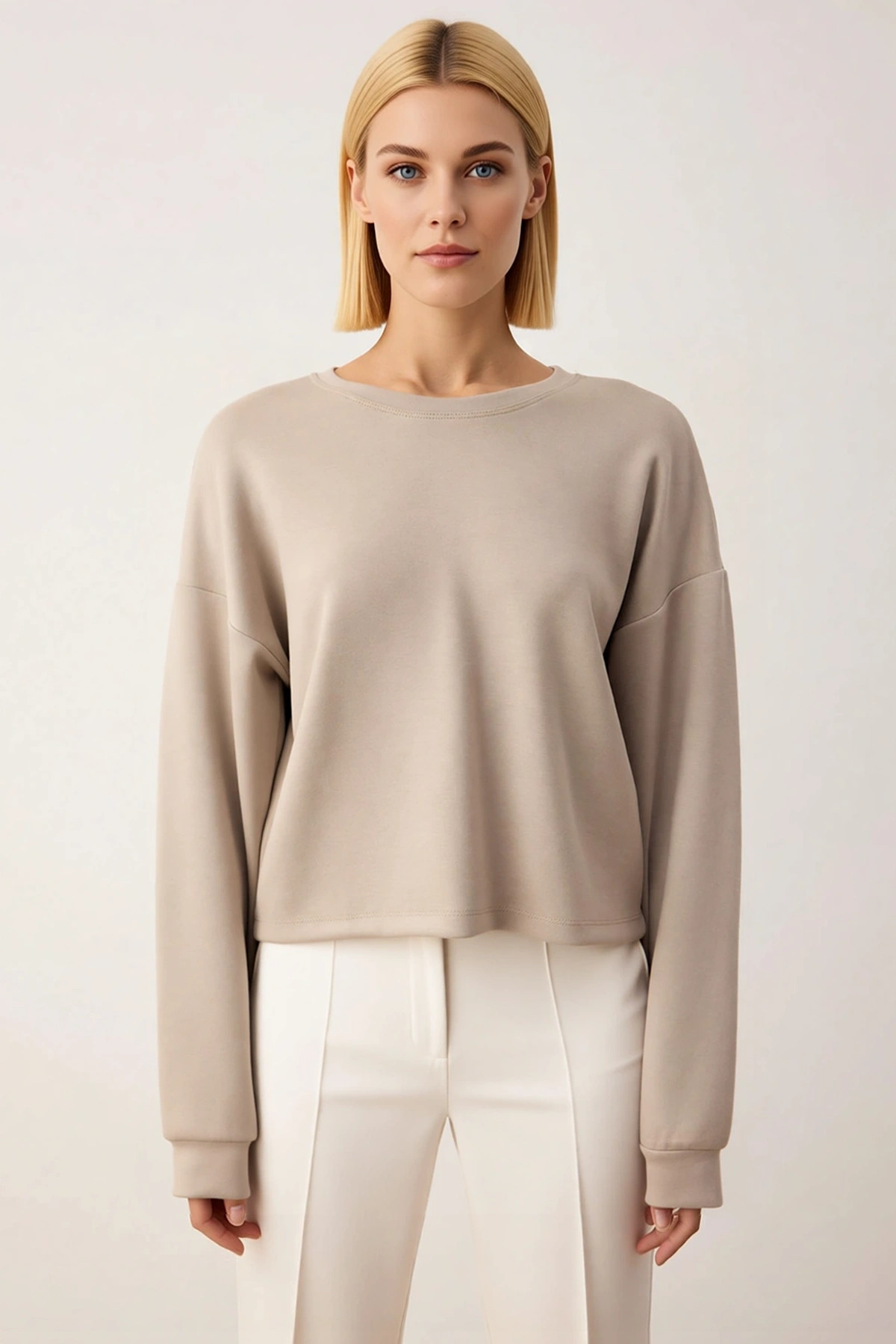 Kadın Bisiklet Yaka Standart Kol Crop Örme Sweatshirt Fonksiyonel Dayanıklı Kaliteli Rahat