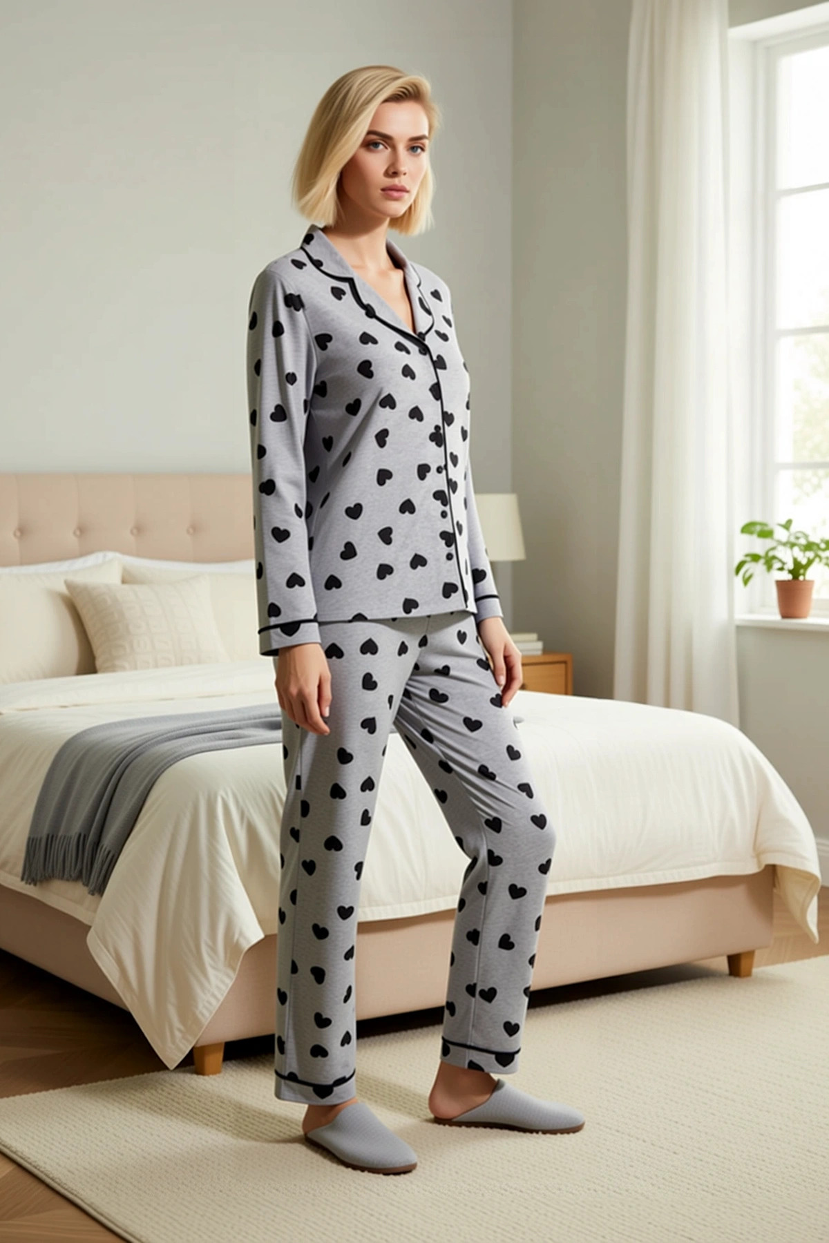 Kadın Gömlek Yaka Uzun Kol Desenli Pijama Takımı Büyük Beden Fonksiyonel Modern %100 Pamuk