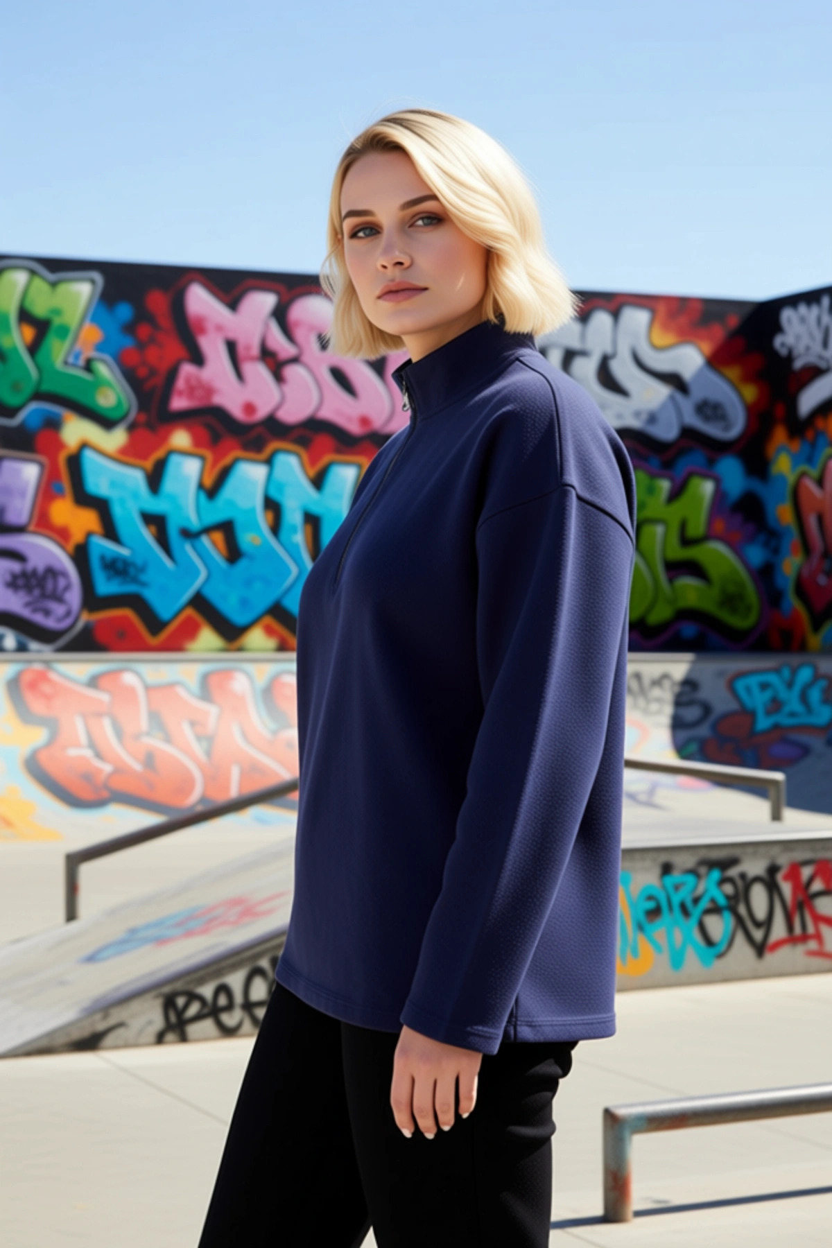 Kadın Dik Yaka Fermuarlı Düşük Kol Regular Kalıp Örme Sweatshirt Fonksiyonel Dayanıklı Şık