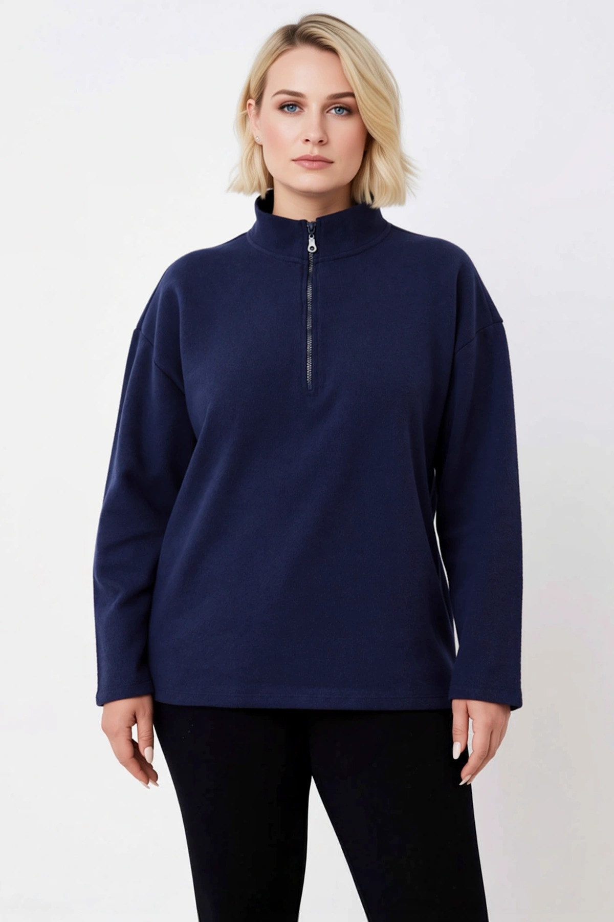 Kadın Dik Yaka Fermuarlı Düşük Kol Regular Kalıp Örme Sweatshirt Fonksiyonel Dayanıklı Şık