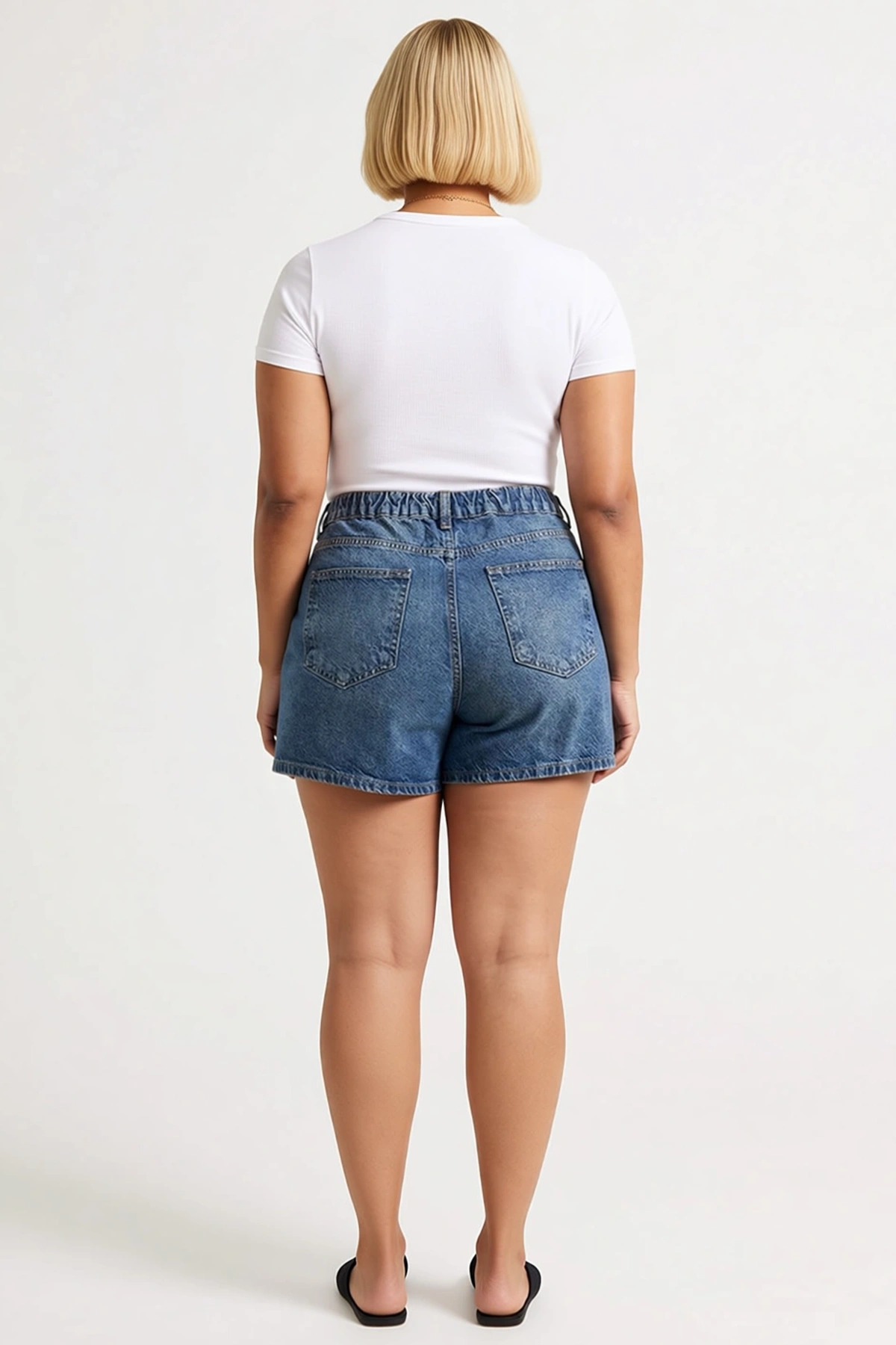 Kadın Büyük Beden Şort Denim Yüksek Bel Lastikli Mom Kesim Mini Boru Paça Rigid Dokuma