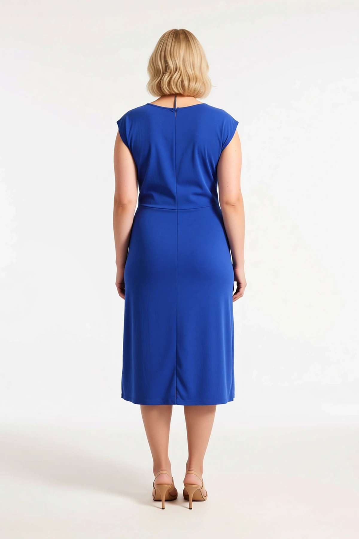 Kadın Büyük Beden Asimetrik Yaka Kolsuz Midi Bodycon Örme Elbise Krep Kumaş Günlük Rahat Modern