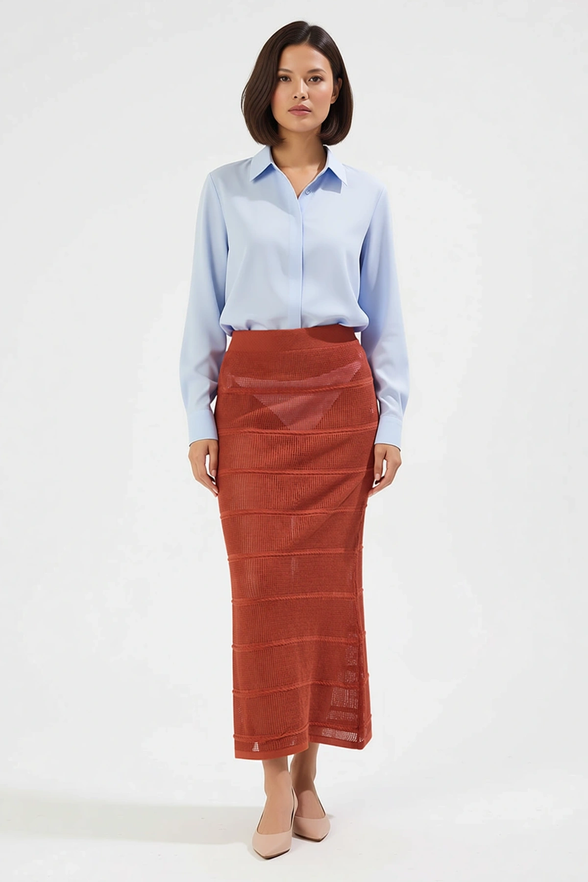 Kadın Maxi Plaj Etek Triko Dokulu Kalem Kesim Astarsız Polyester Rahat Günlük Modern Şık Konforlu