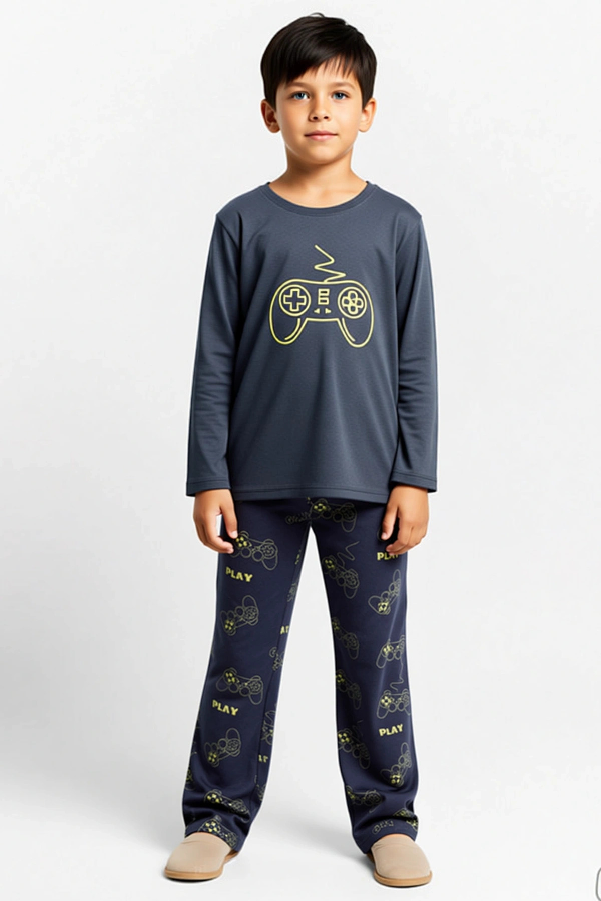 Erkek Çocuk Bisiklet Yaka Standart Kol Uzun Kollu Regular Kalıp Pijama Takımı Estetik %100 Pamuk