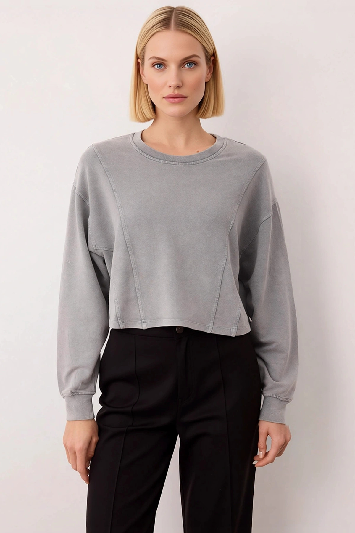Kadın Bisiklet Yaka Düşük Kol %100 Pamuk Sweatshirt Fonksiyonel Dayanıklı Kaliteli Estetik