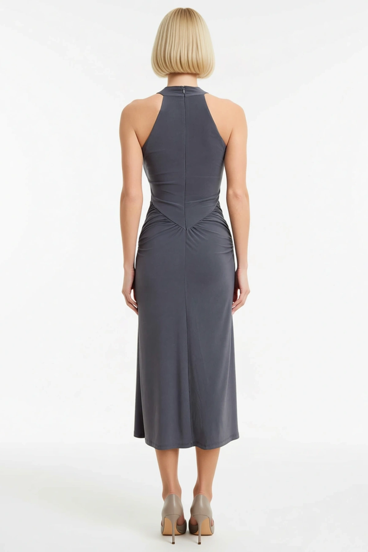 Kadın Halter Yaka Kolsuz Bodycon Midi Elbise Zincir Aksesuar Detaylı Örme Gece Kıyafeti Günlük Rahat