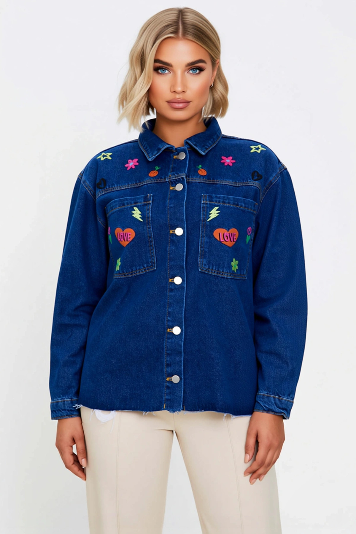 Kadın %100 Pamuk Gömlek Yaka Düşük Kol Çiçekli Desen Oversize Kalıp Denim Ceket Fonksiyonel