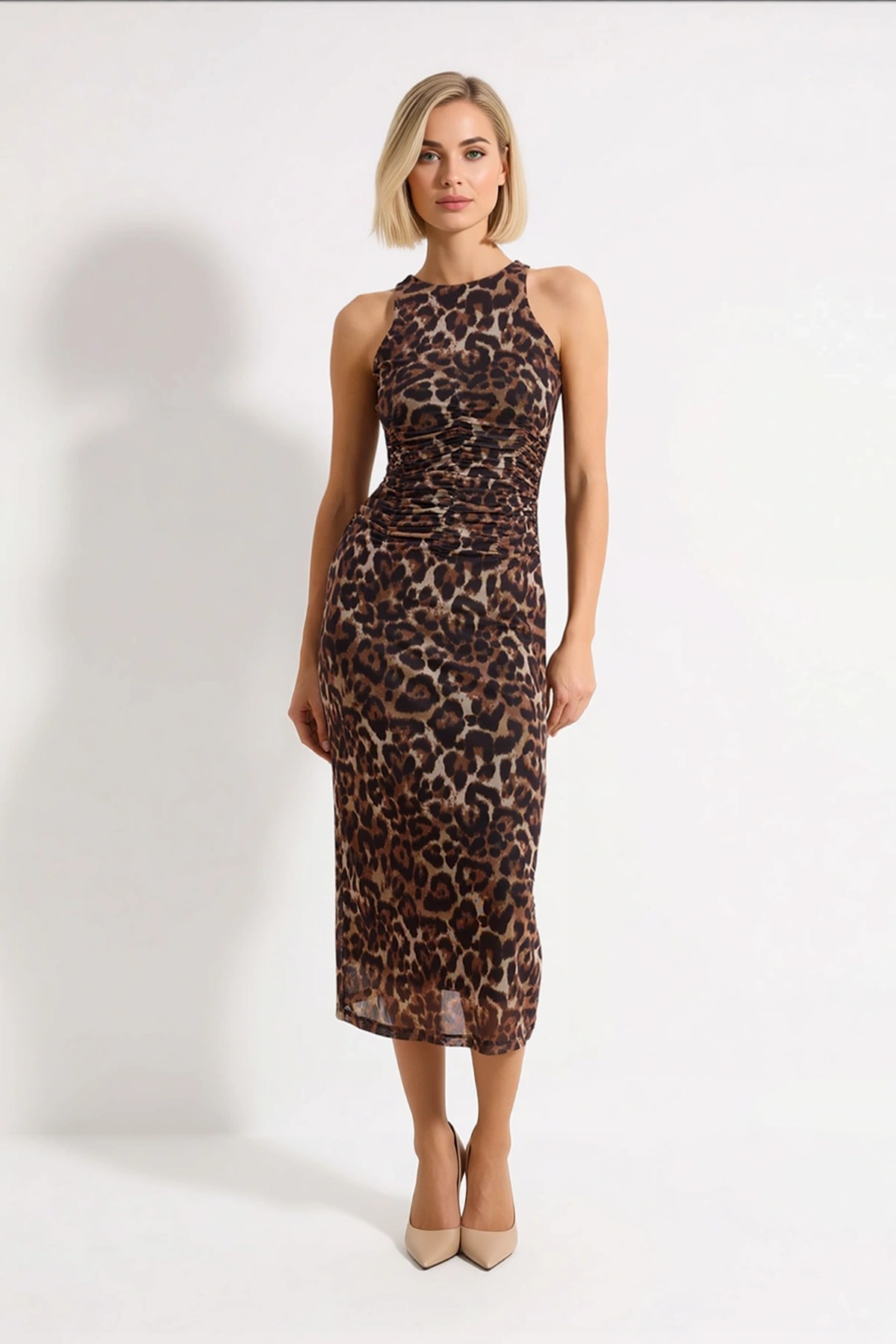 Kadın Halter Yaka Kolsuz Leopar Desenli Bodycon Midi Kokteyl Elbisesi Astarlı Tül Günlük Rahat Şık