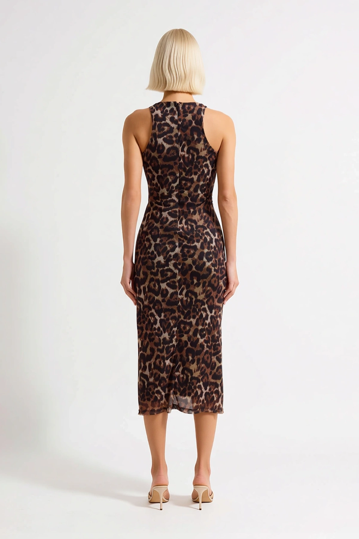 Kadın Halter Yaka Kolsuz Leopar Desenli Bodycon Midi Kokteyl Elbisesi Astarlı Tül Günlük Rahat Şık