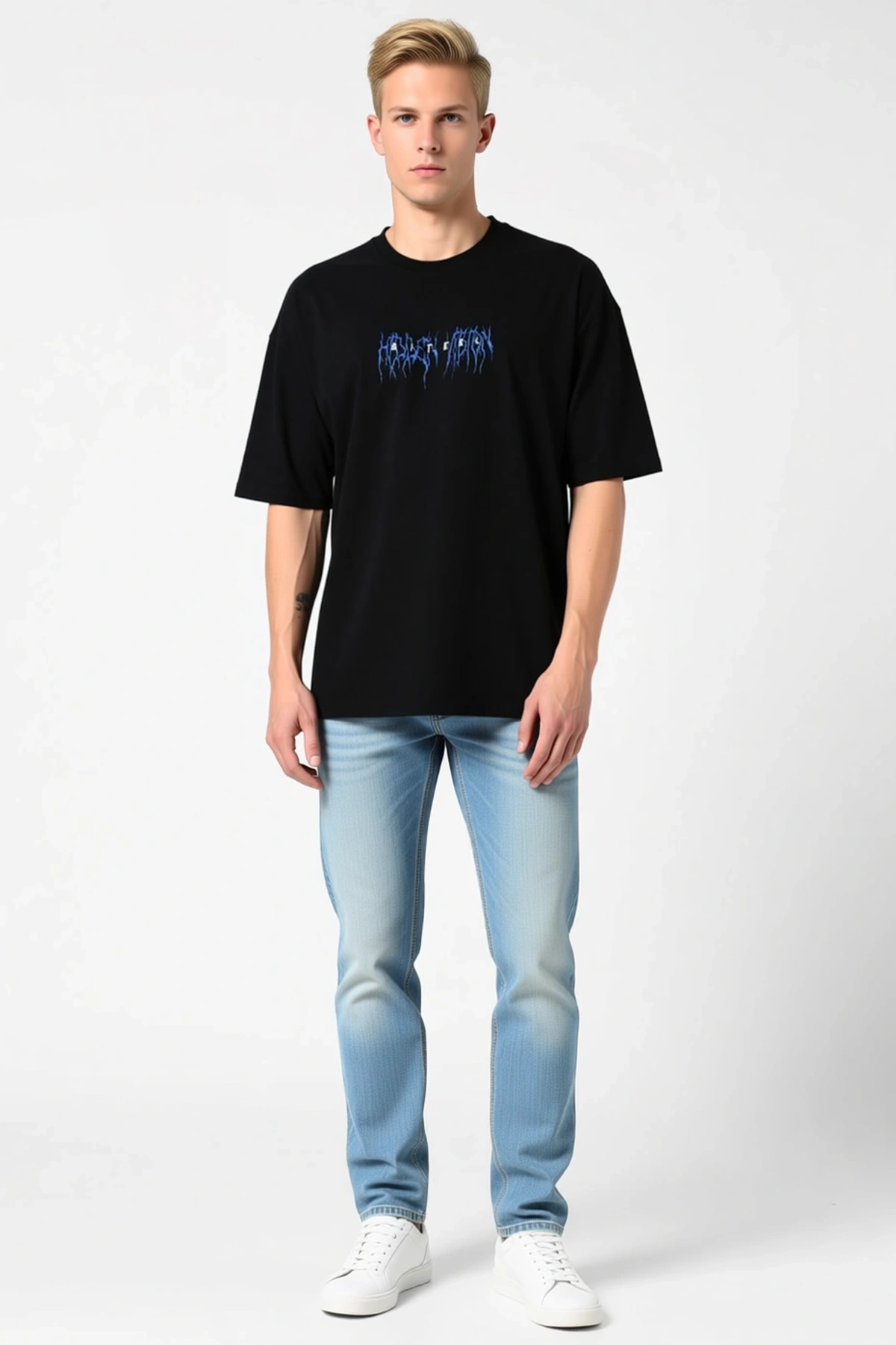 Erkek Unisex Oversize Tişört Göğüs Baskılı Grafik Yazı Detaylı Bisiklet Yaka Düşük Omuzlu Kısa Kollu