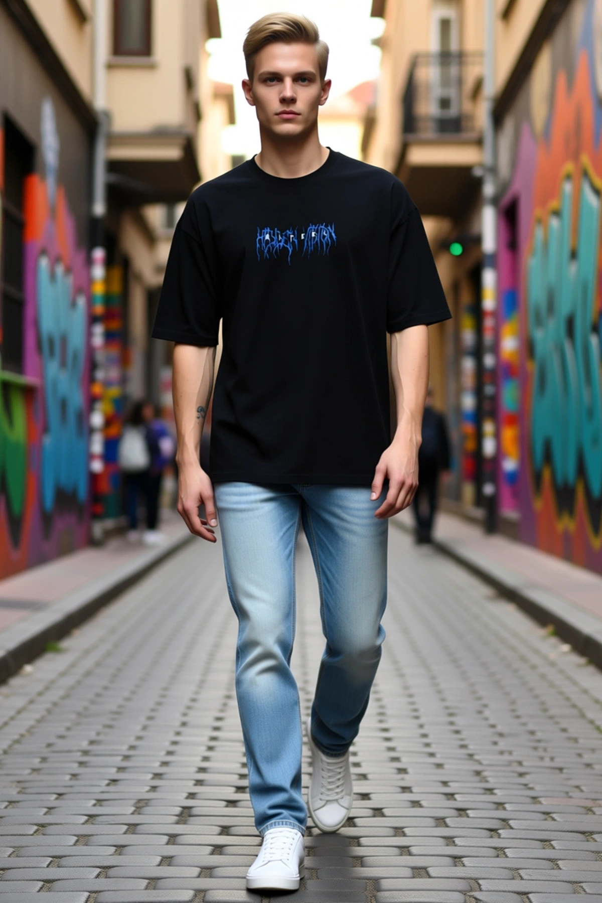 Erkek Unisex Oversize Tişört Göğüs Baskılı Grafik Yazı Detaylı Bisiklet Yaka Düşük Omuzlu Kısa Kollu