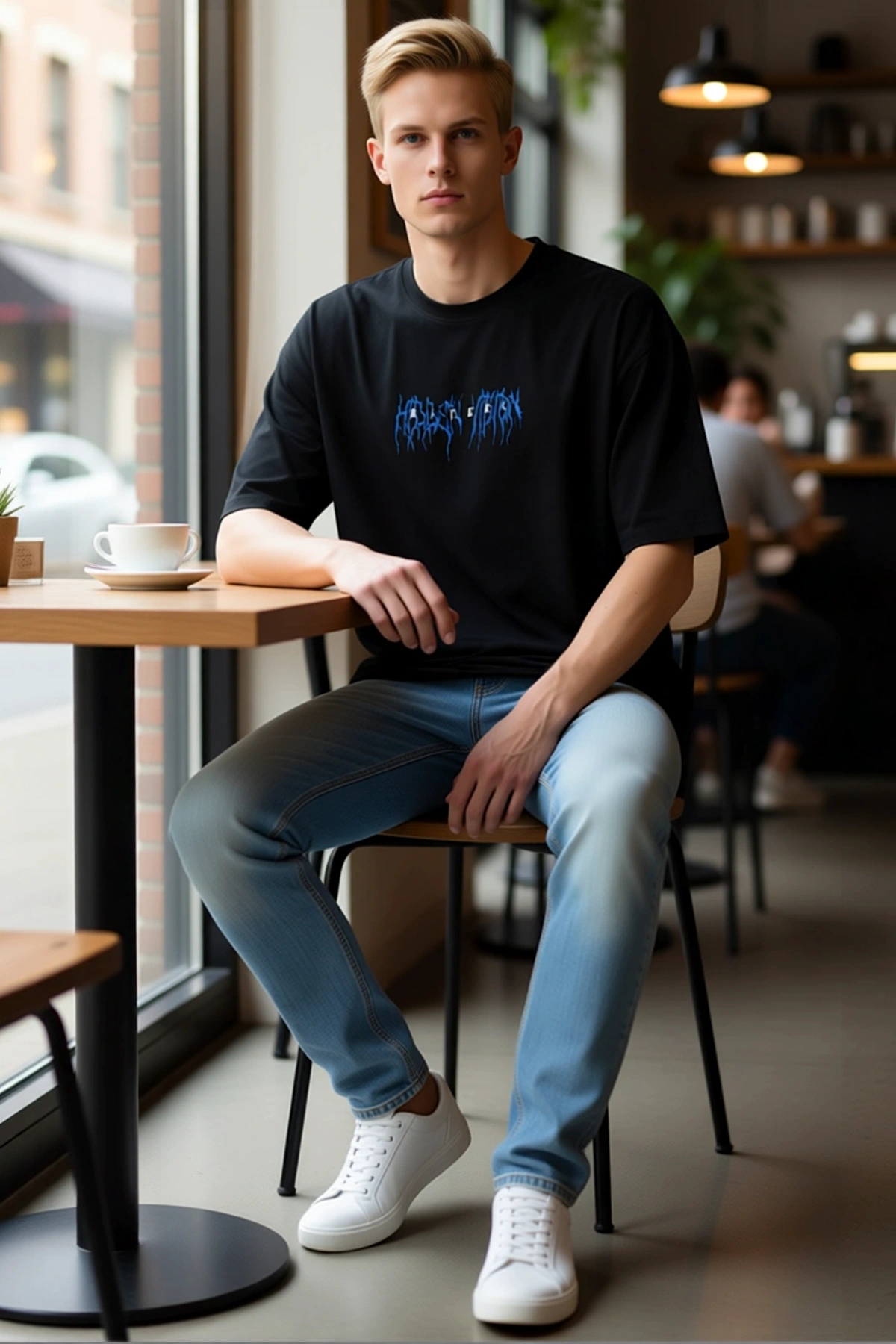 Erkek Unisex Oversize Tişört Göğüs Baskılı Grafik Yazı Detaylı Bisiklet Yaka Düşük Omuzlu Kısa Kollu