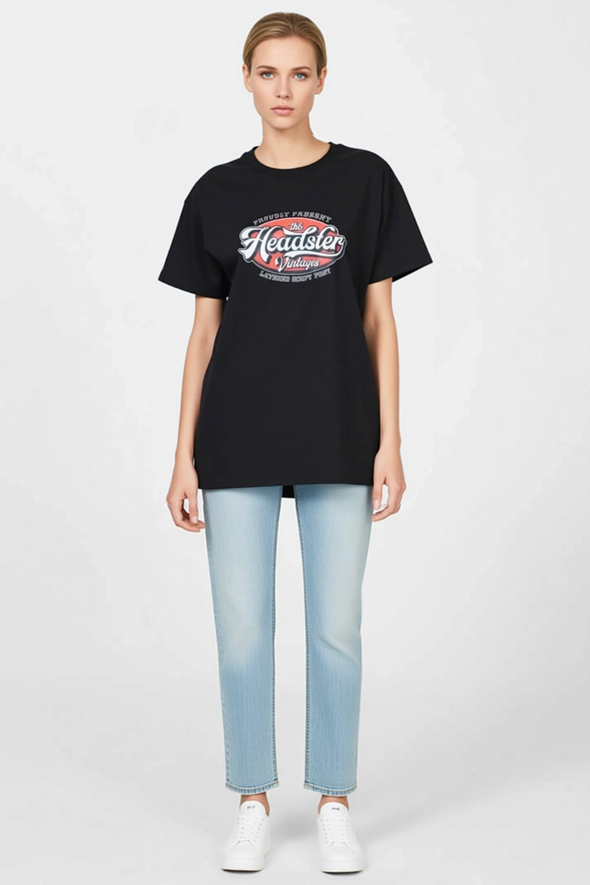 Kadın Bisiklet Yaka Oversize Kısa Kollu Retro Yazı Baskılı Düşük Omuz Rahat Günlük Tişört Modern