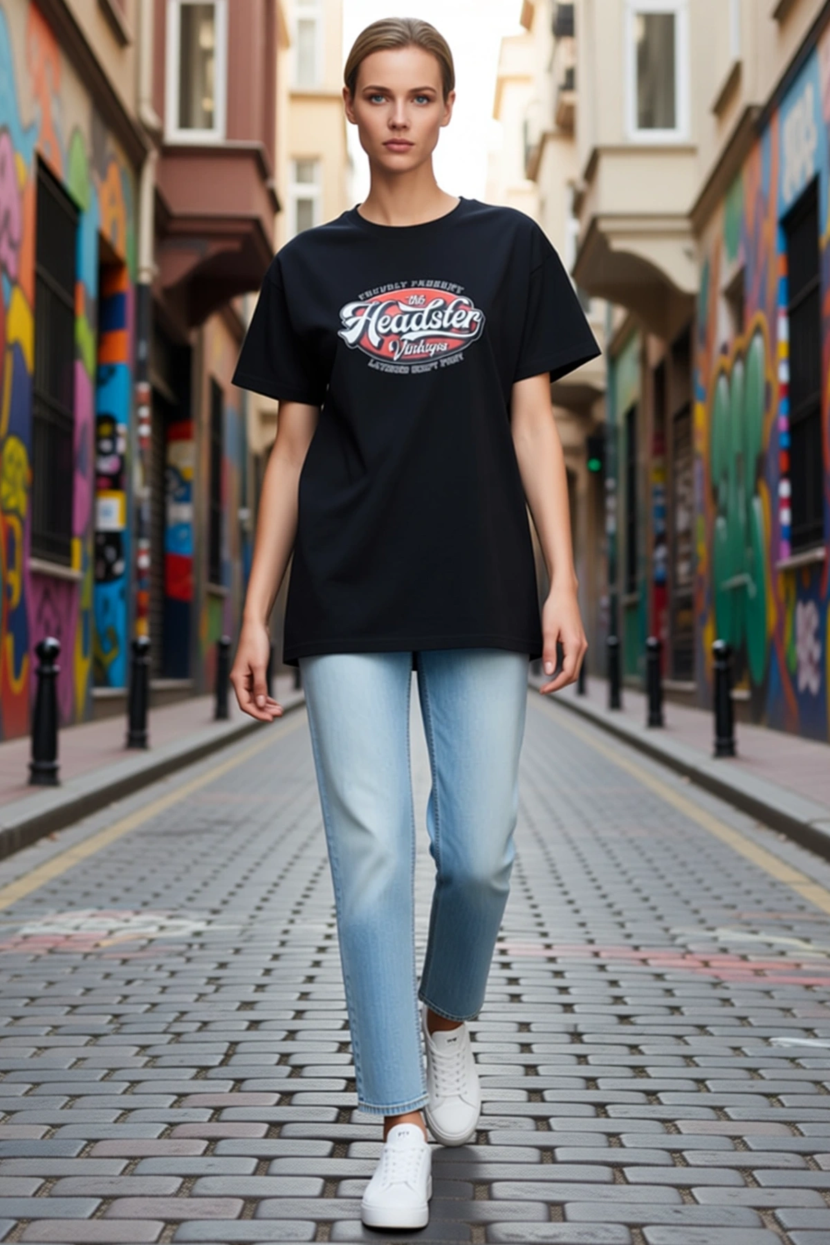 Kadın Bisiklet Yaka Oversize Kısa Kollu Retro Yazı Baskılı Düşük Omuz Rahat Günlük Tişört Modern