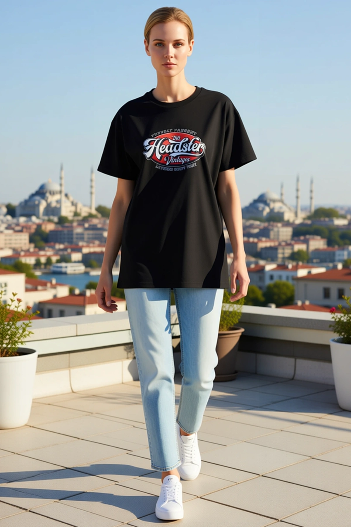 Kadın Bisiklet Yaka Oversize Kısa Kollu Retro Yazı Baskılı Düşük Omuz Rahat Günlük Tişört Modern