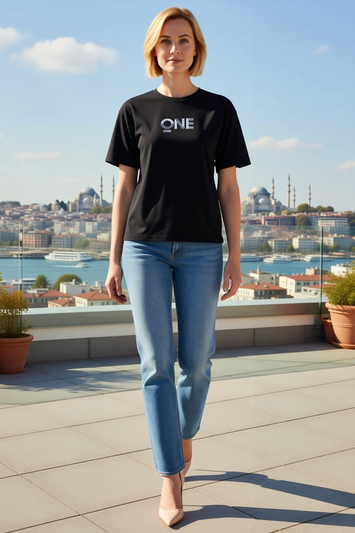 Kadın Bisiklet Yaka Oversize Kısa Kollu Düşük Omuz Uzun Kesim Logo Baskılı Sade Rahat Günlük Tişört