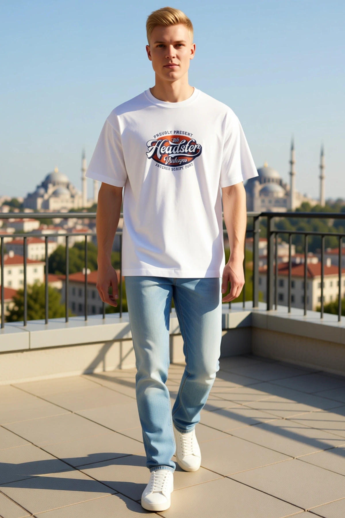 Erkek Bisiklet Yaka Oversize Kısa Kollu Düşük Omuz Retro Yazı Baskılı Rahat Günlük Tişört Modern