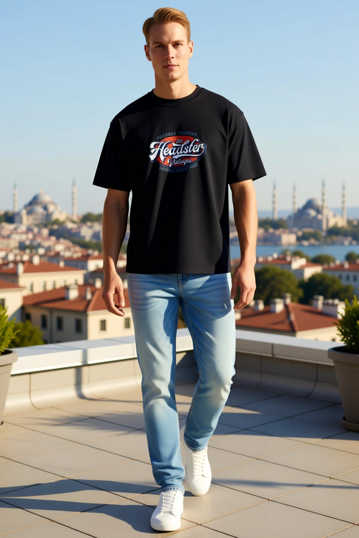 Erkek Bisiklet Yaka Oversize Kısa Kollu Düşük Omuz Retro Etiket Baskılı Rahat Günlük Tişört Modern