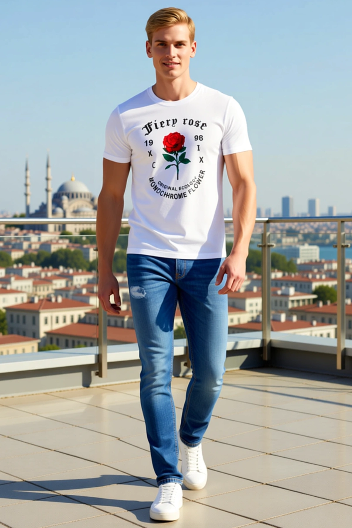 Erkek Bisiklet Yaka Kısa Kollu Gül Desenli Gotik Yazılı Göğüs Baskılı Rahat Kesim Günlük Tişört