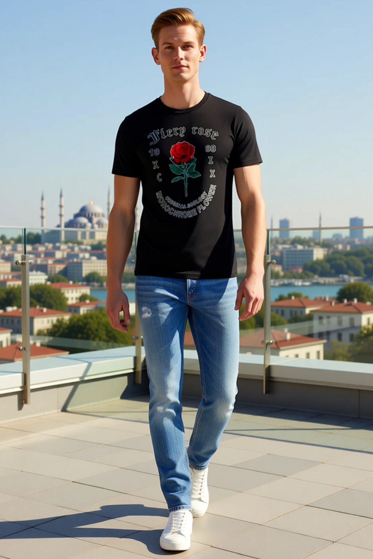 Erkek Bisiklet Yaka Kısa Kollu Gül Çizimli Gotik Harf Baskılı Düz Kesim Rahat Günlük Tişört Modern