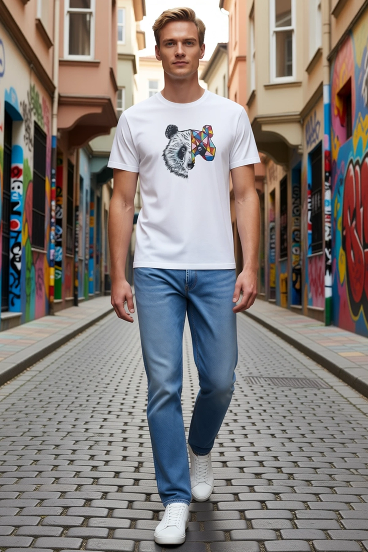 Erkek Bisiklet Yaka Kısa Kollu Panda Baskılı Oversize Tişört Günlük Rahat Kesim Modern Görünüm Ferah