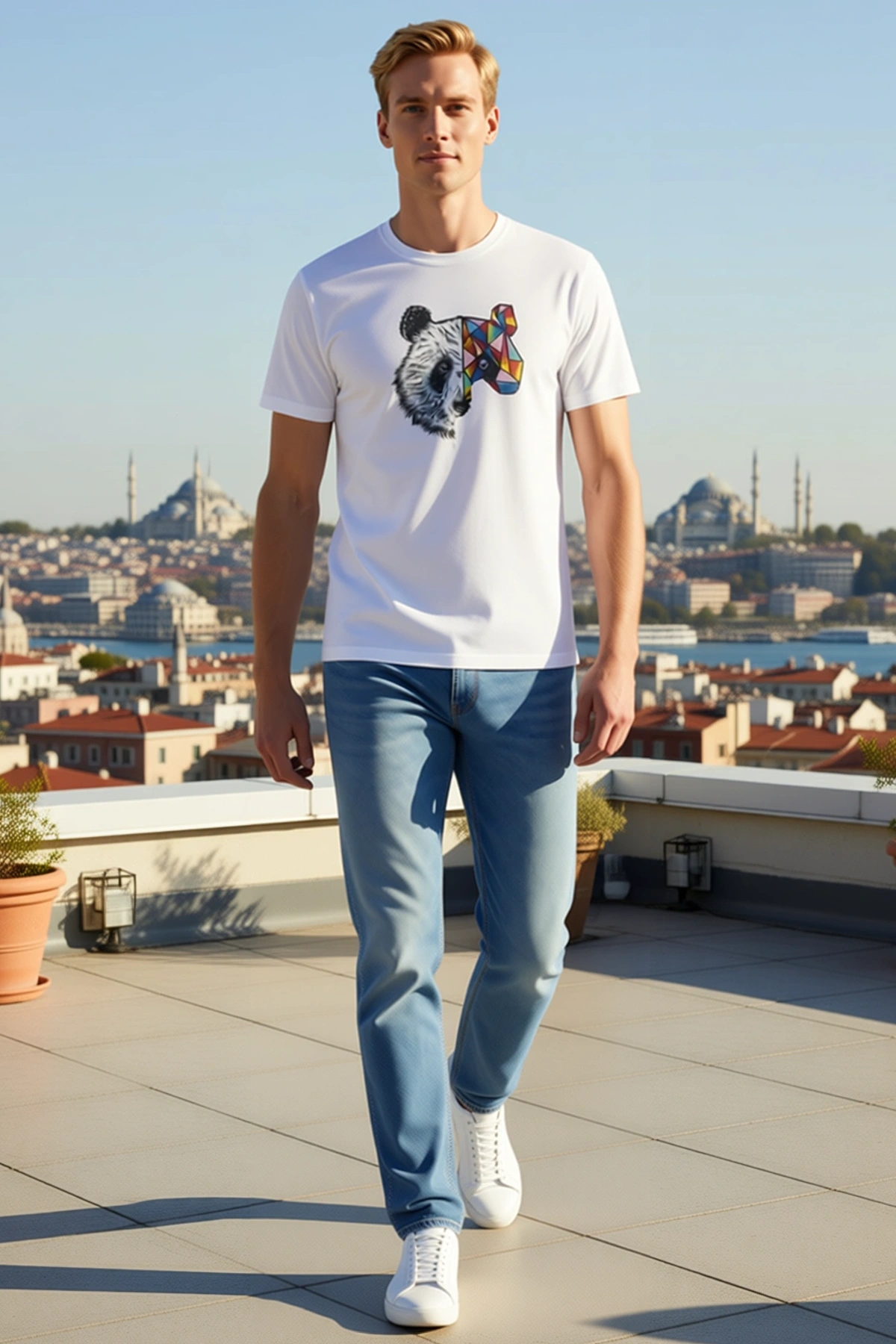 Erkek Bisiklet Yaka Kısa Kollu Panda Baskılı Oversize Tişört Günlük Rahat Kesim Modern Görünüm Ferah