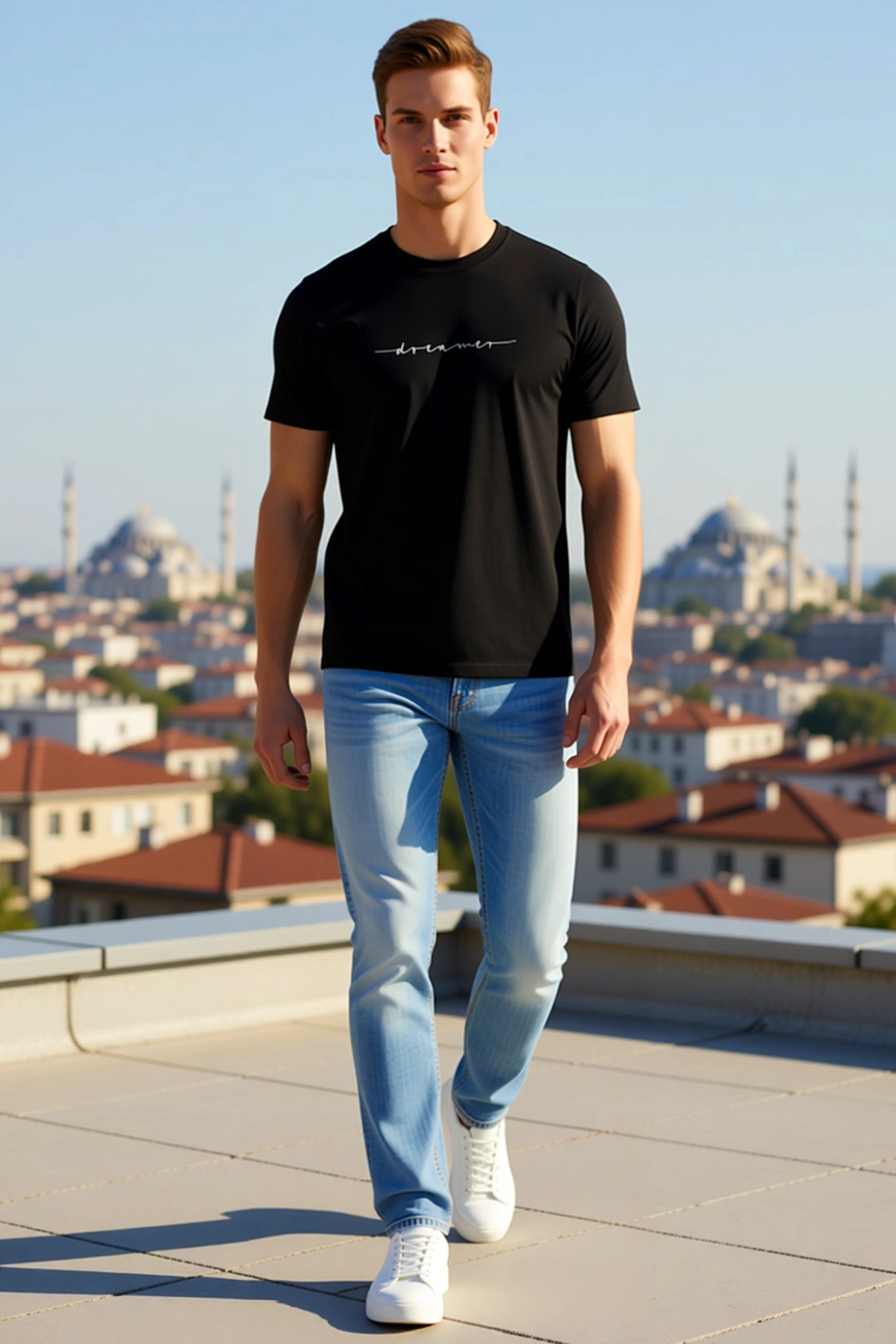 Erkek Bisiklet Yaka Kısa Kollu Dreamers Yazı Baskılı Tişört Günlük Sade Rahat Kalıp Modern Stil