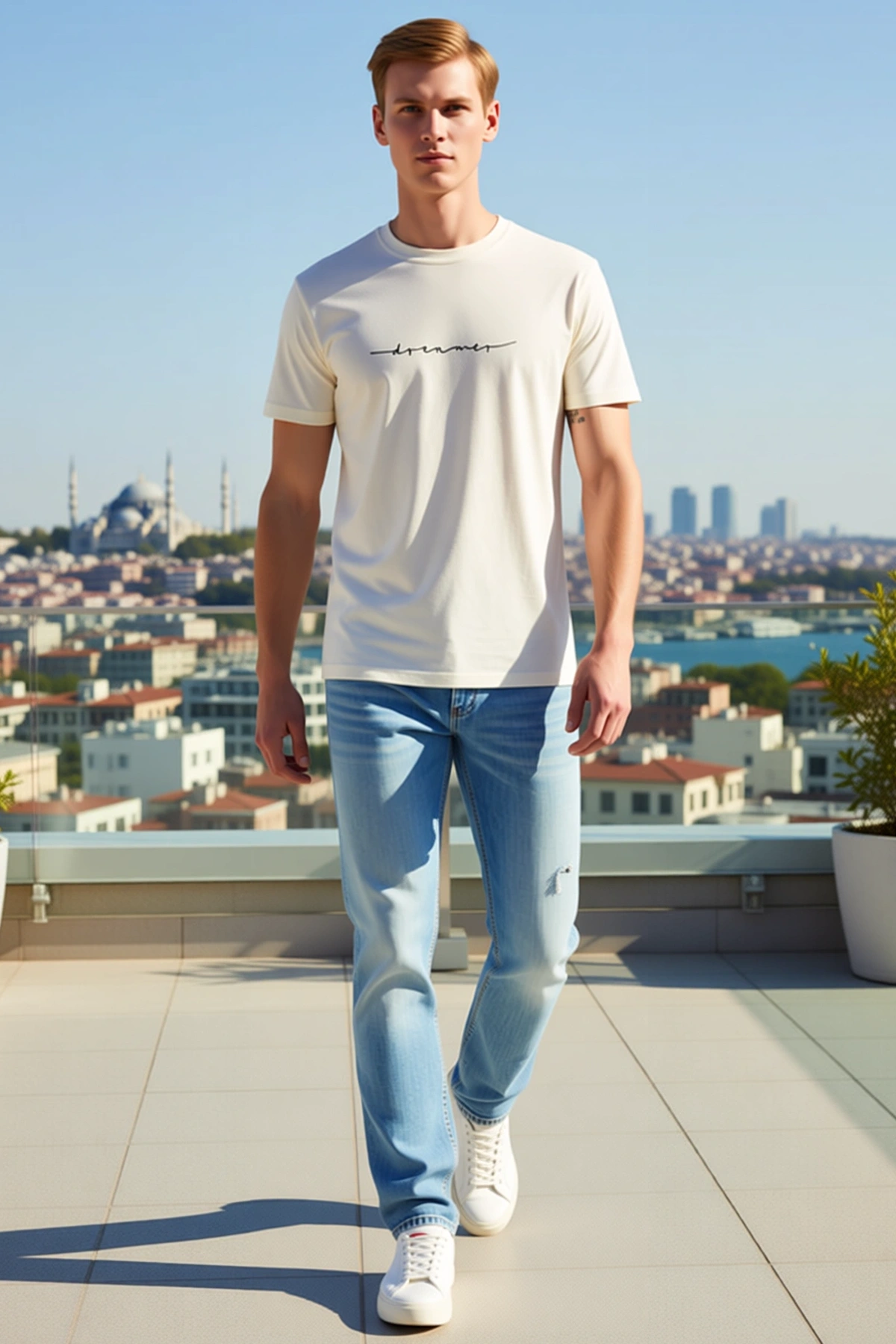 Erkek Bisiklet Yaka Kısa Kollu Dreamers Yazı Baskılı Tişört Günlük Minimal Rahat Kalıp Konforlu