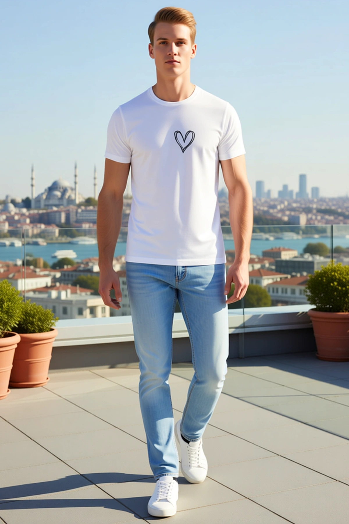 Erkek Bisiklet Yaka Kısa Kollu Kalp Baskılı Oversize Tişört Günlük Sade Rahat Kalıp Modern Detay