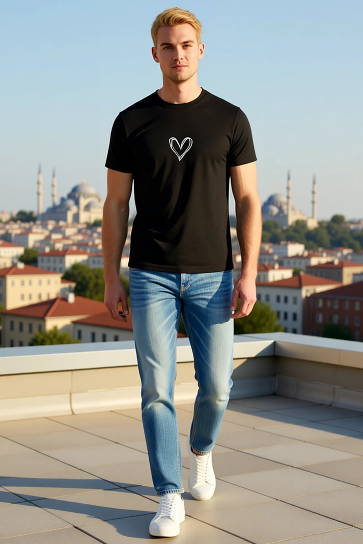 Erkek Bisiklet Yaka Kısa Kollu Çizgi Kalp Baskılı Oversize Tişört Günlük Ferah Hafif Duruş Konforlu