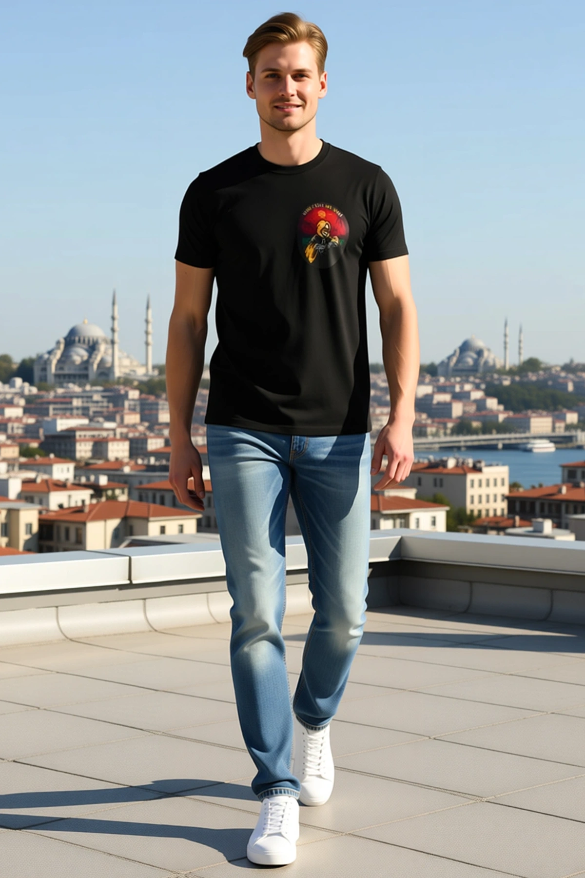 Erkek Bisiklet Yaka Kısa Kollu Dairesel Rozet Baskılı Oversize Tişört Günlük Rahat Kalıp Sokak Stili