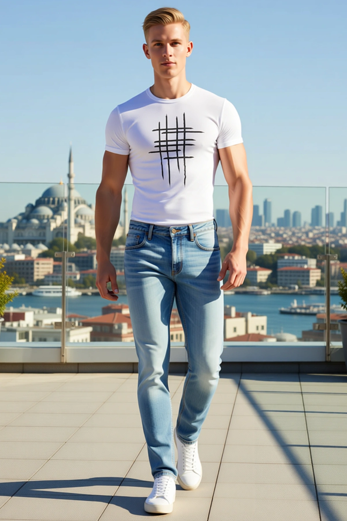 Erkek Bisiklet Yaka Kısa Kollu Çizgi Desenli Soyut Baskılı Oversize Tişört Günlük Rahat Kalıp Sade