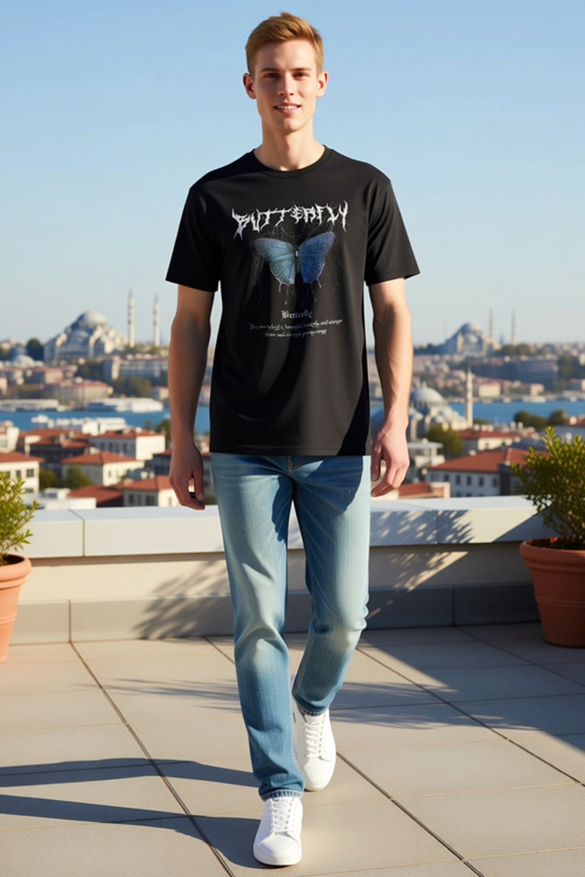 Erkek Bisiklet Yaka Kısa Kollu Kelebek Figürlü Gotik Yazı Baskılı Oversize Tişört Günlük Sokak Stili