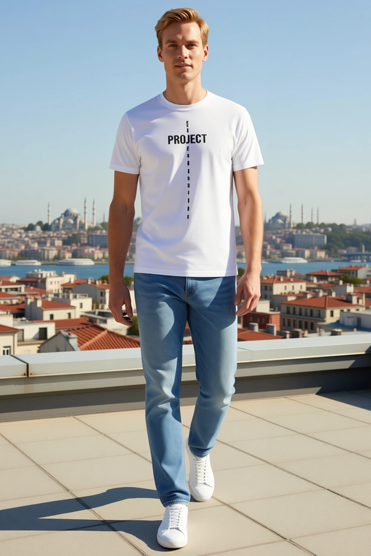 Erkek Bisiklet Yaka Kısa Kollu Dikey Çizgi Yazı Baskılı Tişört Günlük Sportif Rahat Kalıp Minimal