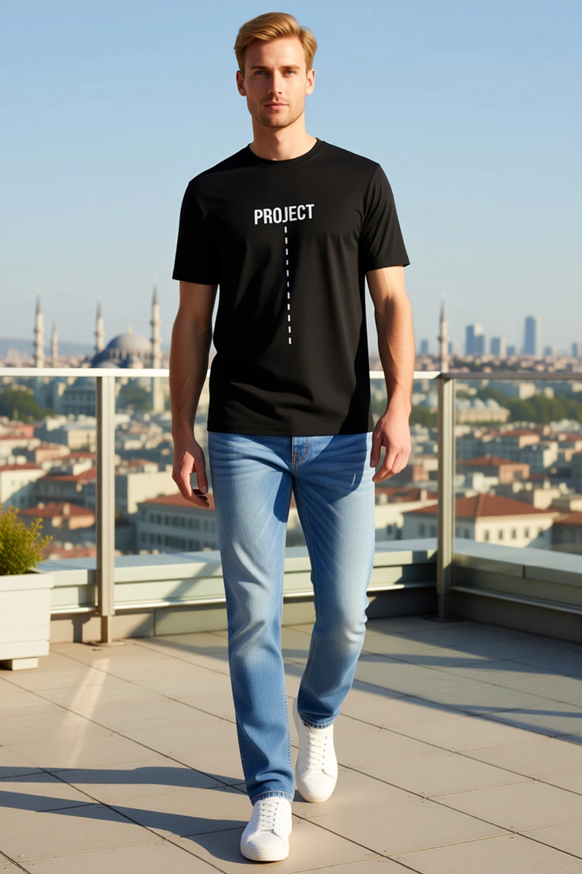 Erkek Bisiklet Yaka Kısa Kollu Dikey Kesikli Çizgi Yazılı Tişört Günlük Spor Kalıp Minimal Rahat