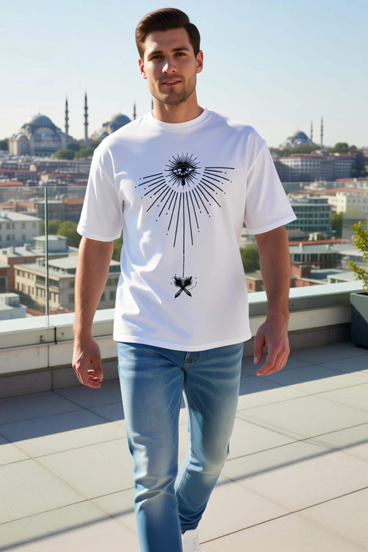 Erkek Bisiklet Yaka Oversize Kısa Kollu Göğüs Önü Göz Motifli Baskılı Düşük Omuz Rahat Kesim Tişört