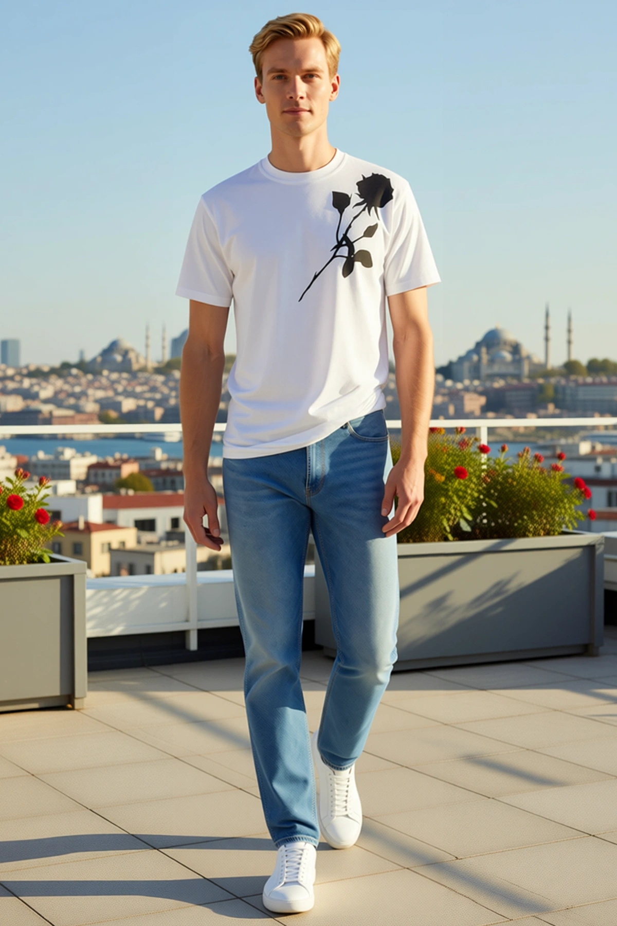 Erkek Bisiklet Yaka Oversize Kısa Kollu Omuz Üstü Gül Siluetli Baskılı Geniş Kesim Günlük Tişört