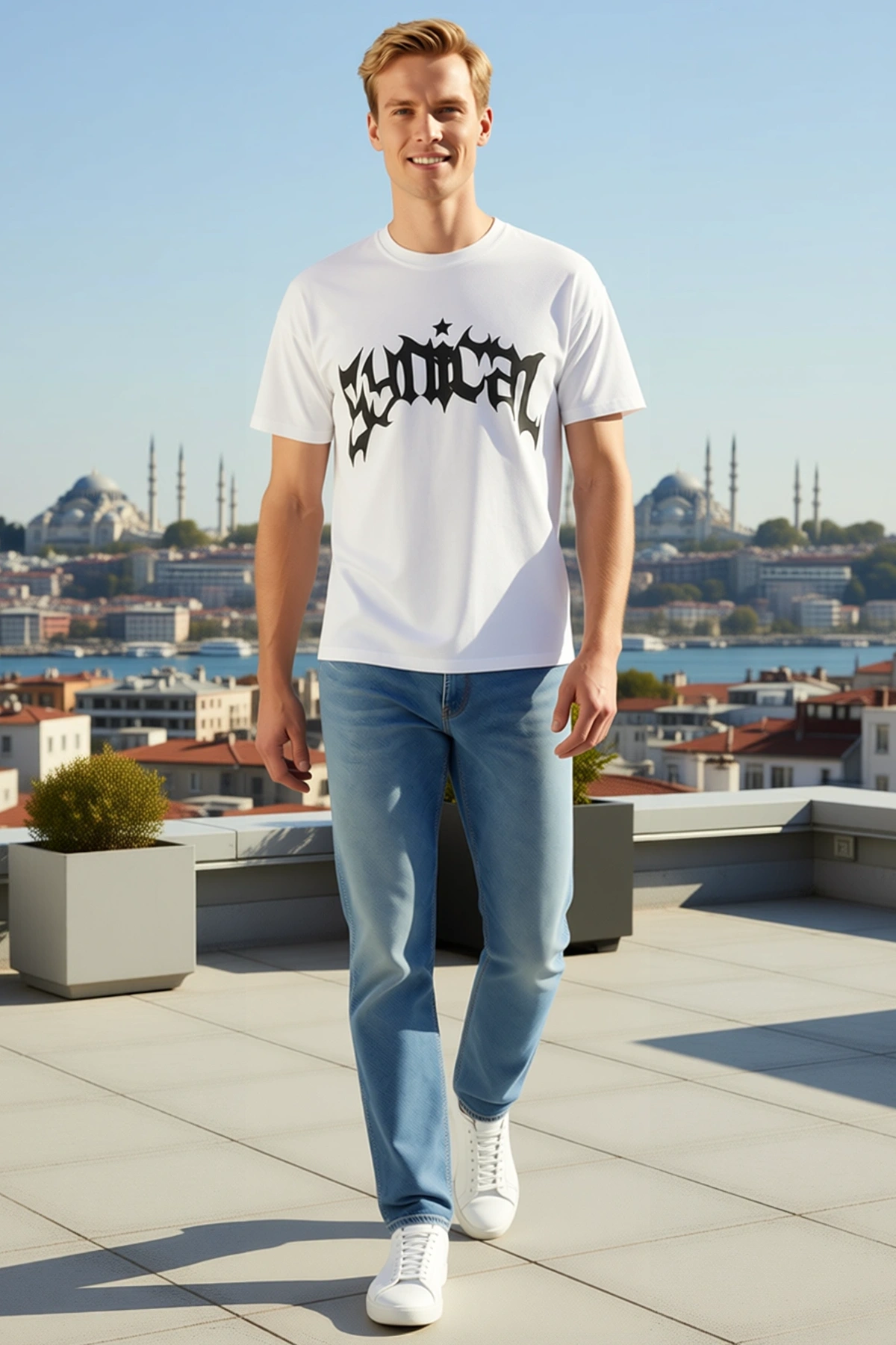 Erkek Bisiklet Yaka Oversize Kısa Kollu Gotik Yazılı Yıldız Detaylı Baskılı Düşük Omuz Rahat Tişört