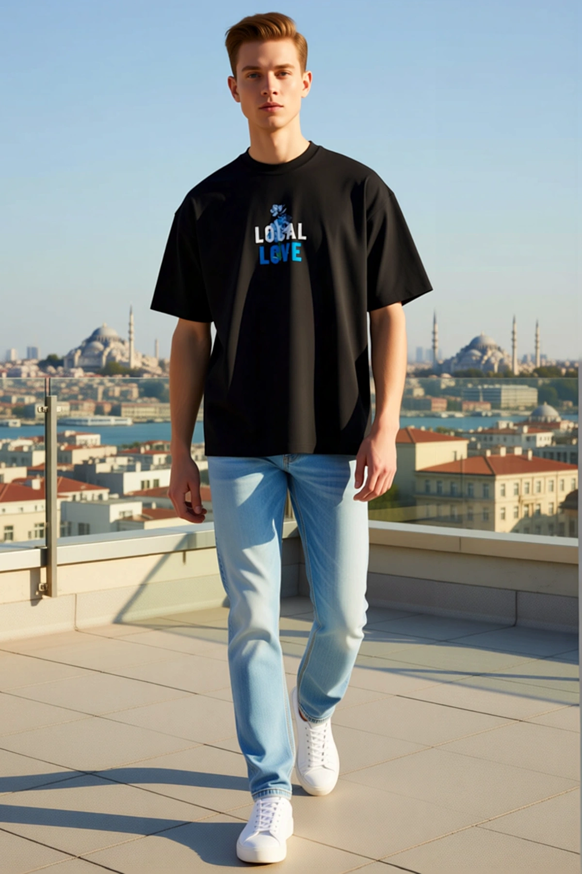 Erkek Bisiklet Yaka Oversize Kısa Kollu Çiçek Detaylı Göğüs Yazı Baskılı Düşük Omuz Günlük Tişört