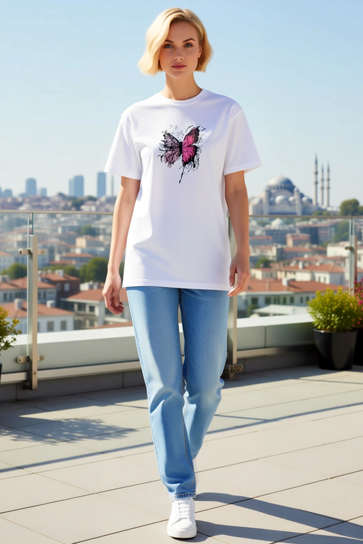 Kadın Bisiklet Yaka Kısa Kollu Göğüs Ortası Mürekkep Etkili Kelebek Baskılı Düz Kesim Günlük Tişört