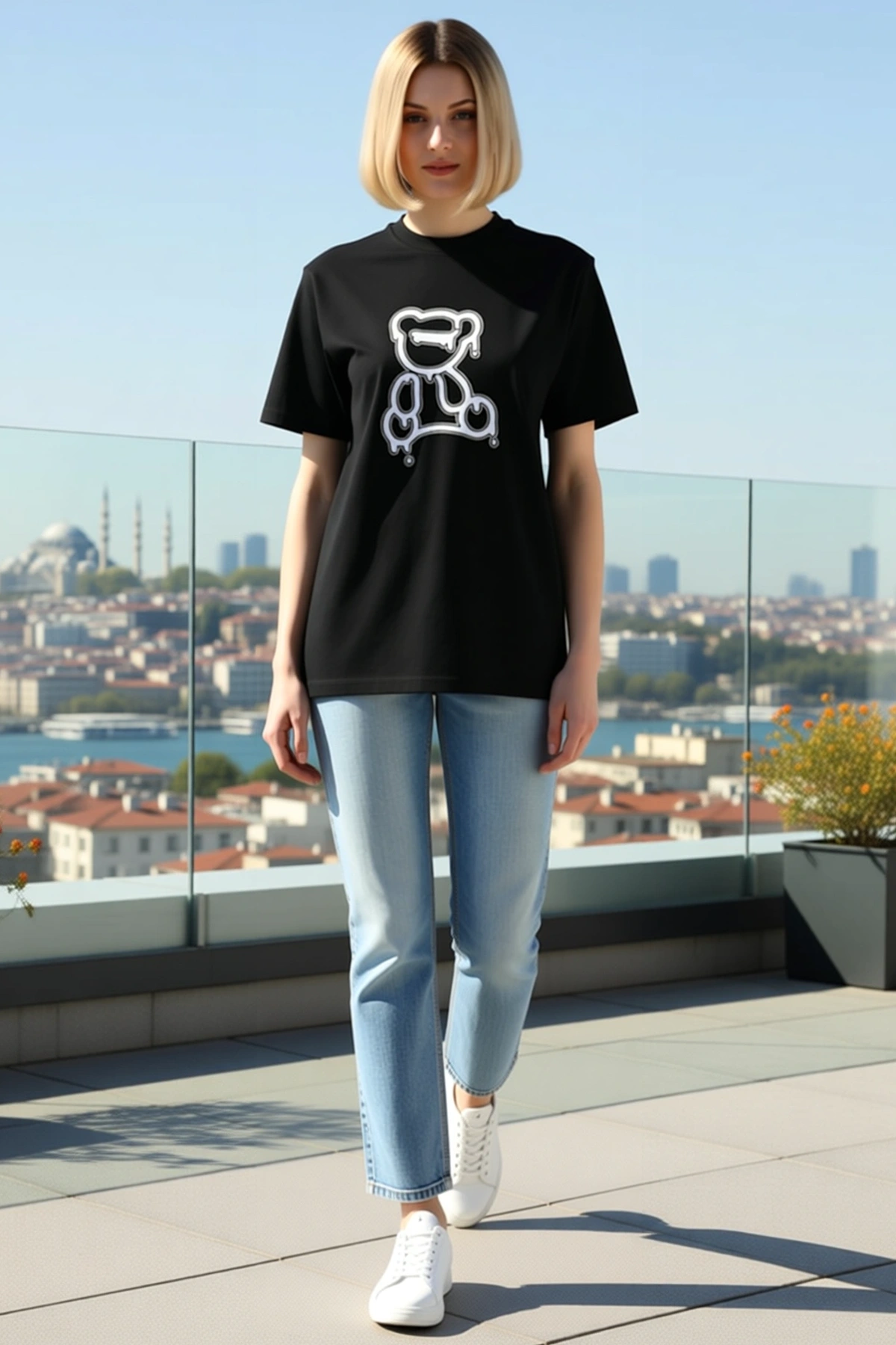 Kadın Bisiklet Yaka Kısa Kollu Salaş Kesim Damlayan Ayıcık Baskılı Tişört Günlük Rahat Modern Duruş