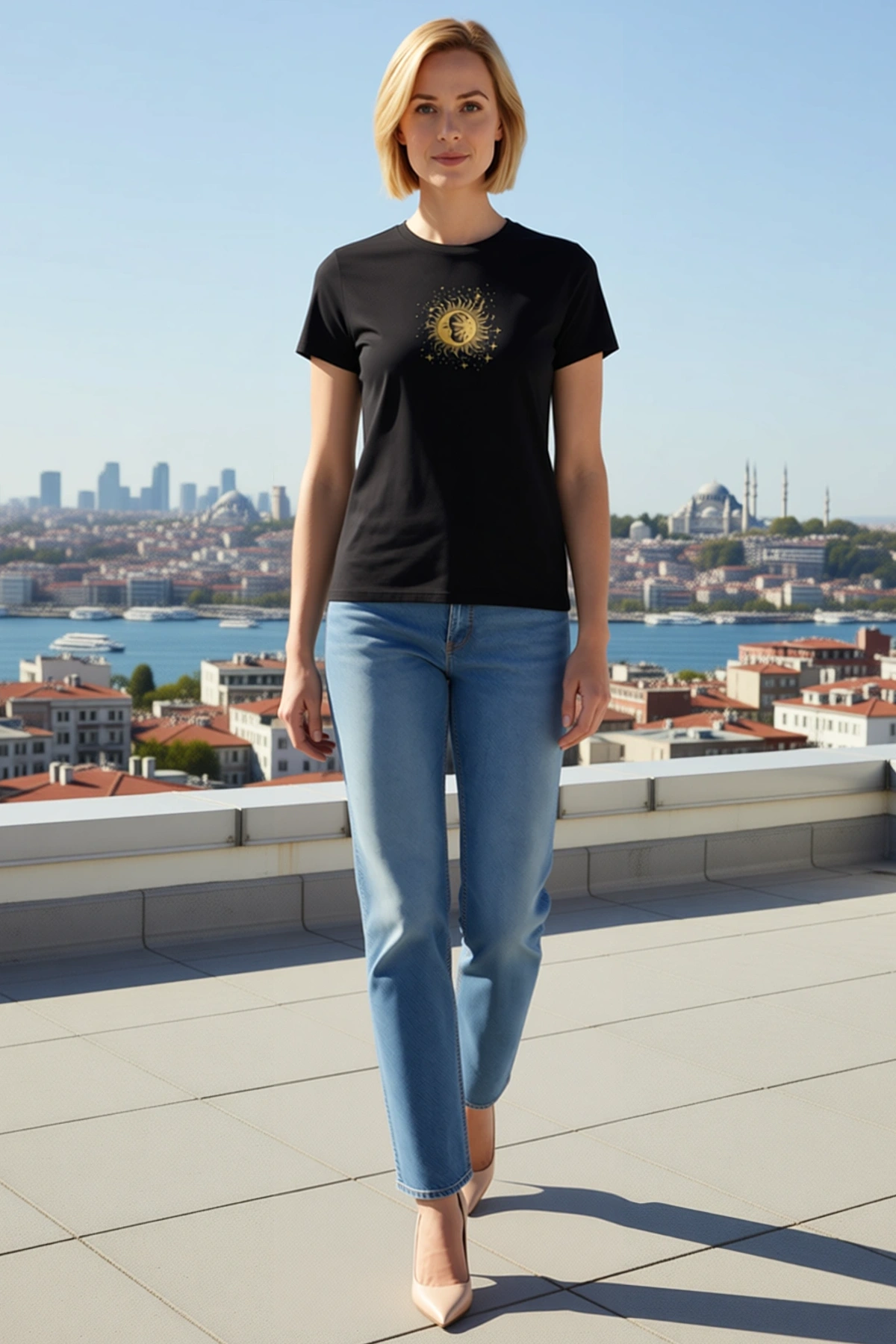 Kadın Bisiklet Yaka Kısa Kollu Salaş Kesim Güneş Ay Yıldız Baskılı Tişört Günlük Rahat Konforlu